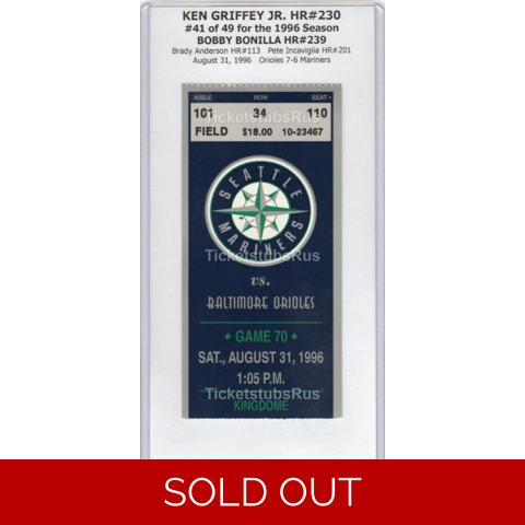 Ken Griffey Jr HR #230 Bonilla HR #239 Mariners Orioles 8/31/1996 Ticket Stub